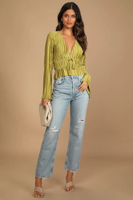 Staying Optimistic Chartreuse Pleated Bell Sleeve Top sold by Lulus product image thumbnail 2