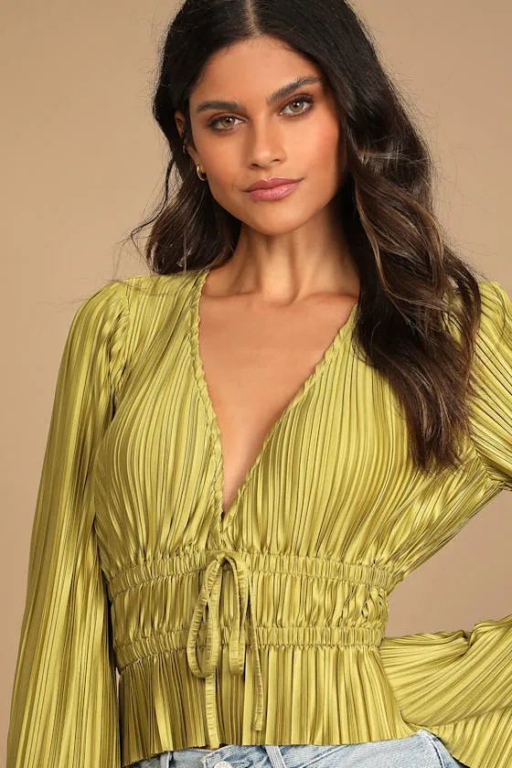 Staying Optimistic Chartreuse Pleated Bell Sleeve Top sold by Lulus product image thumbnail 3