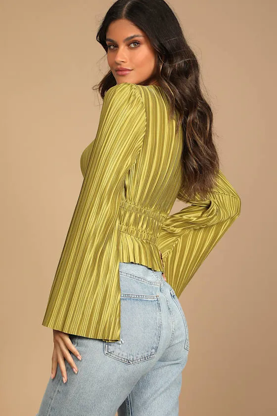 Staying Optimistic Chartreuse Pleated Bell Sleeve Top sold by Lulus product image thumbnail 4
