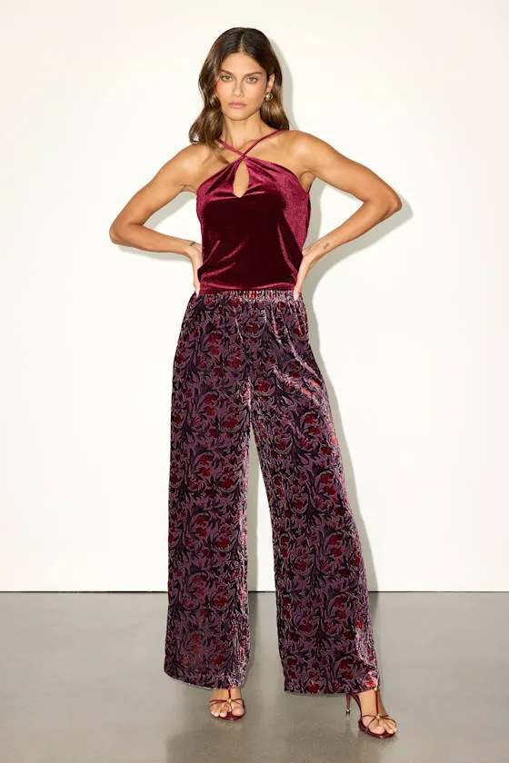 Hara Purple Multi Floral Velvet Wide-Leg Pants sold by Lulus
