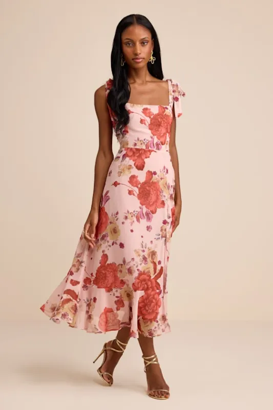Summer Invite Blush Pink Floral Tie-Strap Tiered Midi Dress sold by Lulus