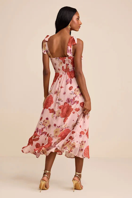 Summer Invite Blush Pink Floral Tie-Strap Tiered Midi Dress sold by Lulus product image thumbnail 3