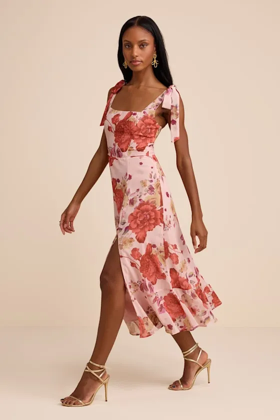 Summer Invite Blush Pink Floral Tie-Strap Tiered Midi Dress sold by Lulus product image thumbnail 4