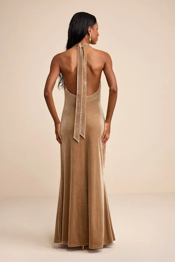 Elarina Champagne Velvet Cowl Halter Mermaid Maxi Dress sold by Lulus product image thumbnail 3