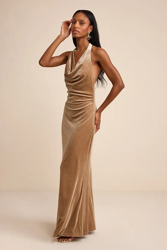 Elarina Champagne Velvet Cowl Halter Mermaid Maxi Dress sold by Lulus product image thumbnail 4