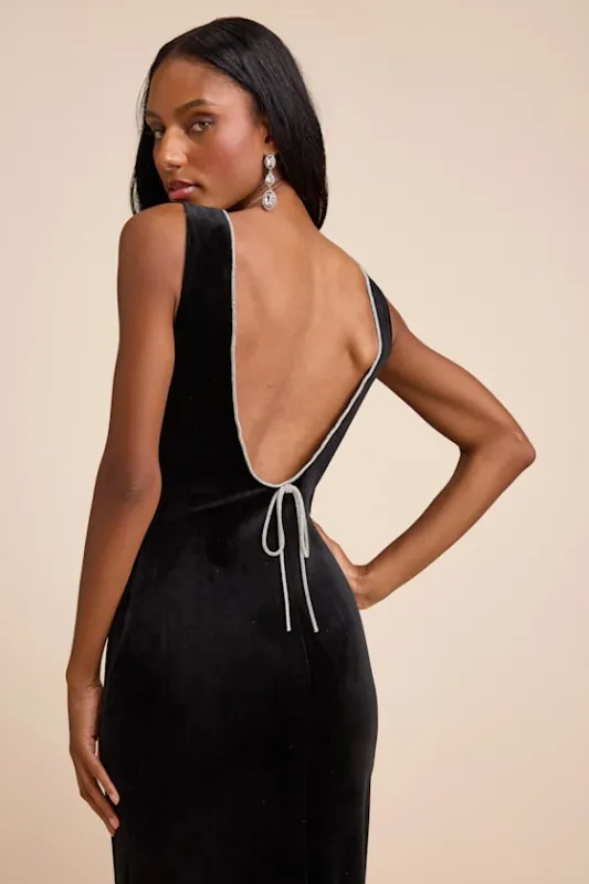 Barisan Black Velvet Rhinestone Bow Backless Maxi Dress sold by Lulus