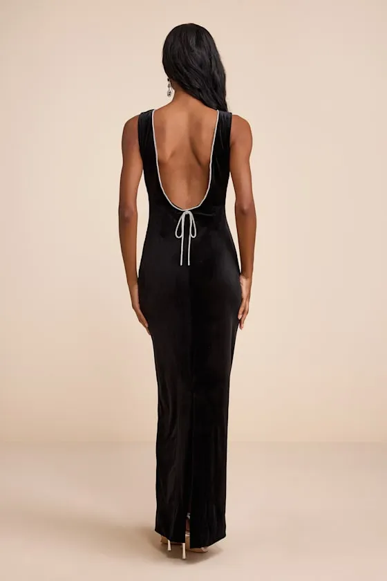 Barisan Black Velvet Rhinestone Bow Backless Maxi Dress sold by Lulus product image thumbnail 4