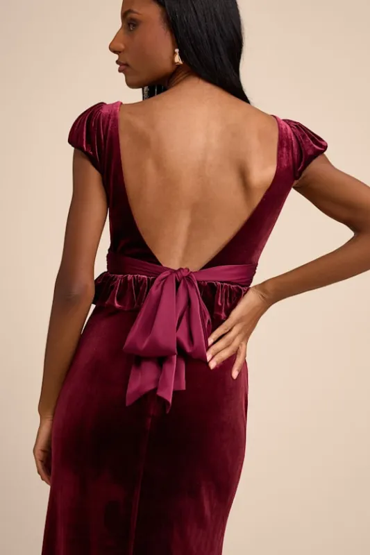 Romari Burgundy Velvet Ruffled Puff Sleeve Bow Maxi Dress sold by Lulus