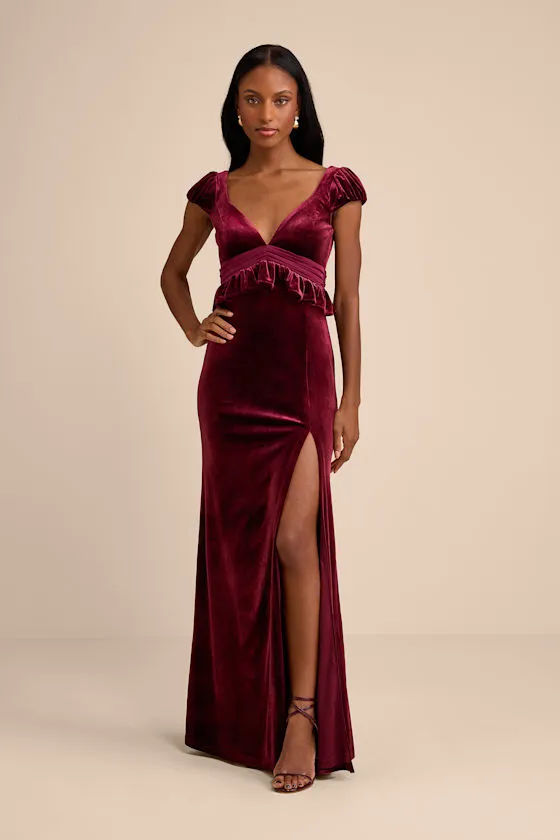 Romari Burgundy Velvet Ruffled Puff Sleeve Bow Maxi Dress sold by Lulus product image thumbnail 2