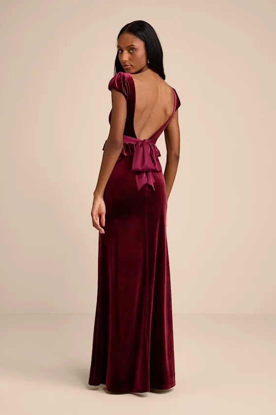 Romari Burgundy Velvet Ruffled Puff Sleeve Bow Maxi Dress sold by Lulus product image thumbnail 3