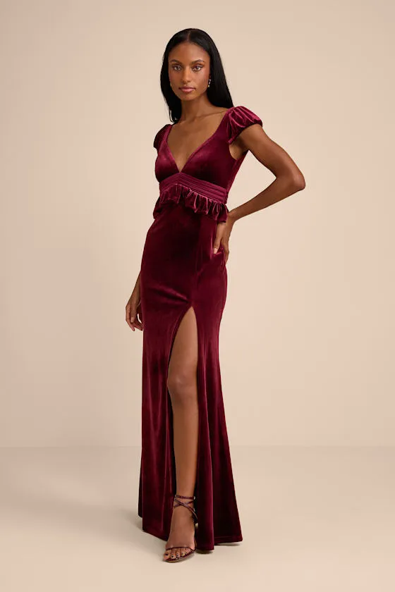 Romari Burgundy Velvet Ruffled Puff Sleeve Bow Maxi Dress sold by Lulus product image thumbnail 4
