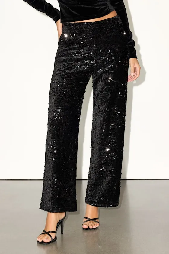 Telicia Black Velvet Sequin Mid-Rise Straight Leg Pants sold by Lulus product image thumbnail 2