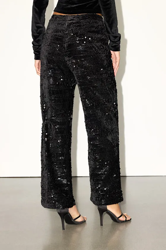 Telicia Black Velvet Sequin Mid-Rise Straight Leg Pants sold by Lulus product image thumbnail 3