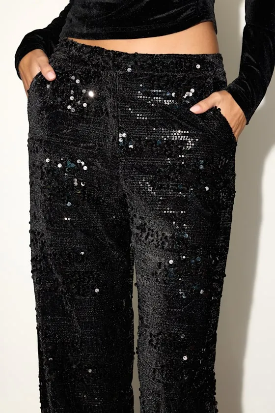 Telicia Black Velvet Sequin Mid-Rise Straight Leg Pants sold by Lulus product image thumbnail 4