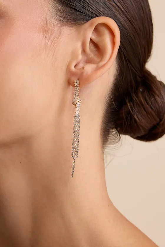 Kimura Gold Rhinestone Twisted Fringe Drop Earrings sold by Lulus