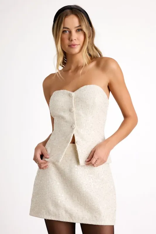Brionee Ivory Tweed Sequin Mini Skirt sold by Lulus