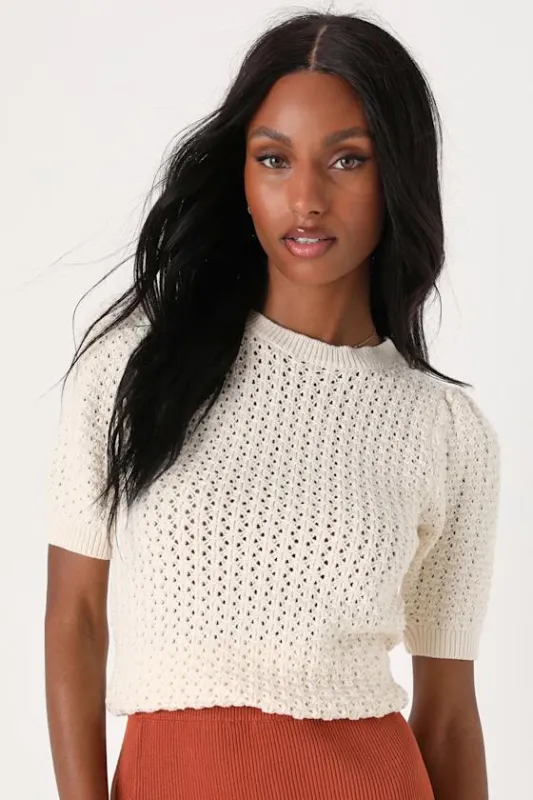 Total Trend Ivory Crochet Cutout Short Sleeve Sweater Top sold by Lulus