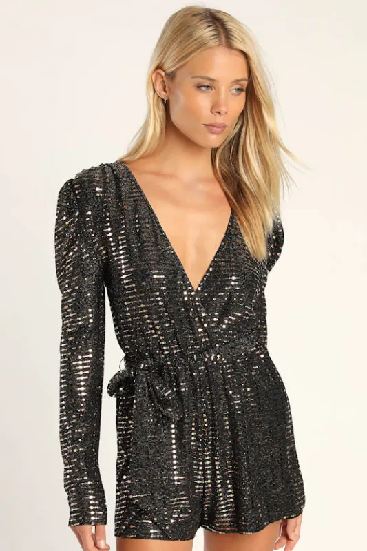 Bettie Black Metallic Long Sleeve Romper sold by Lulus