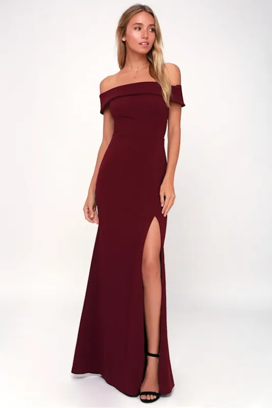 Aveline Burgundy Off-the-Shoulder Maxi Dress sold by Lulus