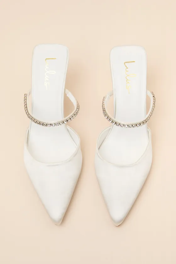 Noha White Satin Rhinestone Mule Pumps sold by Lulus product image thumbnail 4