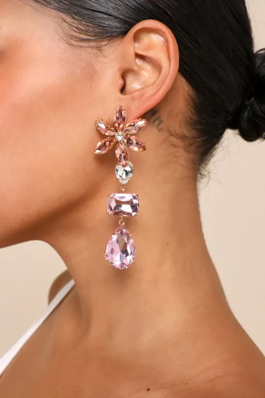 Glittering Blooms Pink Multi Rhinestone Flower Drop Earrings sold by Lulus