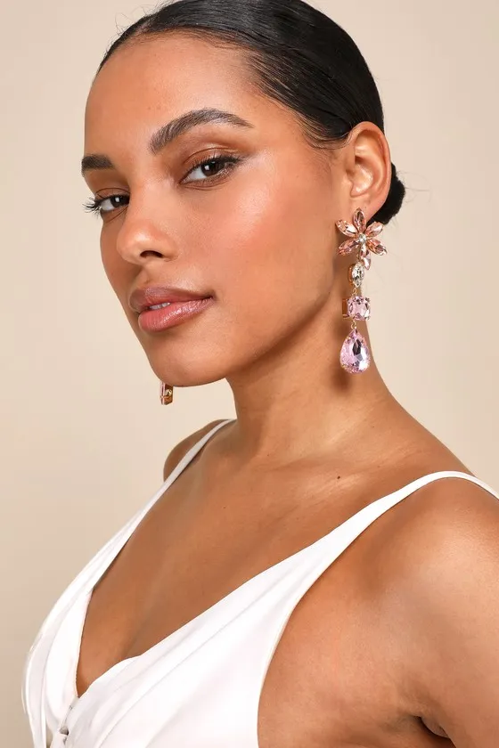 Glittering Blooms Pink Multi Rhinestone Flower Drop Earrings sold by Lulus product image thumbnail 3
