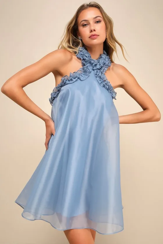 Perfect Stunner Slate Blue Organza Ruffled Halter Mini Dress sold by Lulus product image thumbnail 3