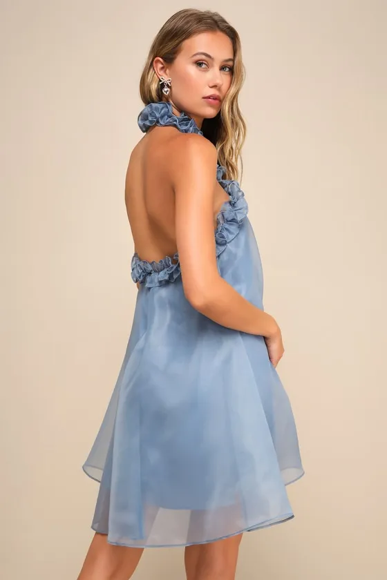 Perfect Stunner Slate Blue Organza Ruffled Halter Mini Dress sold by Lulus product image thumbnail 4