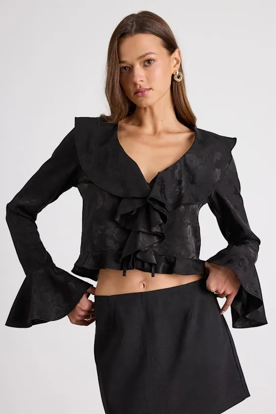 Esmina Black Jacquard Ruffled Tie-Front Top sold by Lulus