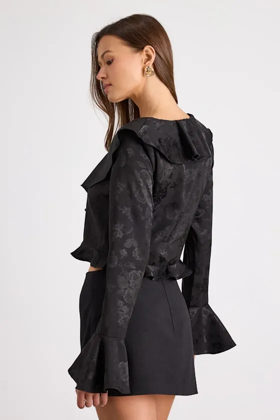 Esmina Black Jacquard Ruffled Tie-Front Top sold by Lulus product image thumbnail 3