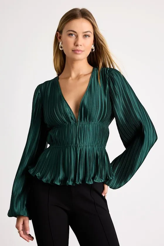 Kipton Emerald Plisse Hook-and-Eye Long Sleeve Top sold by Lulus