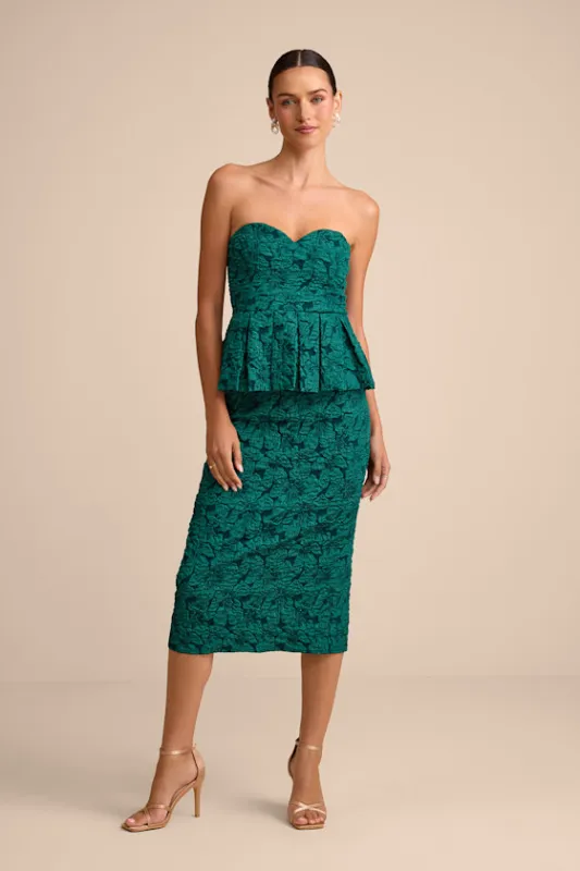 Frederica Emerald Green Floral Jacquard Peplum Midi Dress sold by Lulus