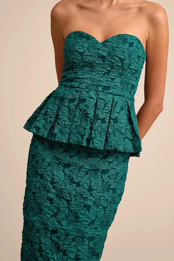 Frederica Emerald Green Floral Jacquard Peplum Midi Dress sold by Lulus product image thumbnail 2