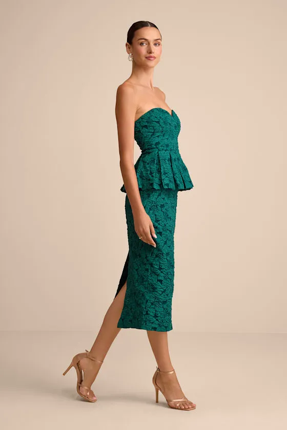 Frederica Emerald Green Floral Jacquard Peplum Midi Dress sold by Lulus product image thumbnail 4