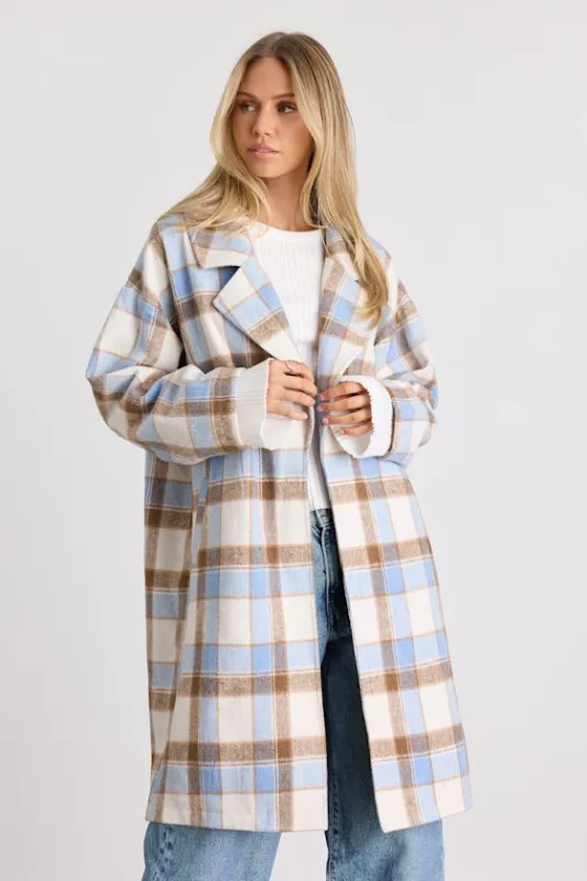 Jill Light Blue Plaid Long Coat sold by Lulus