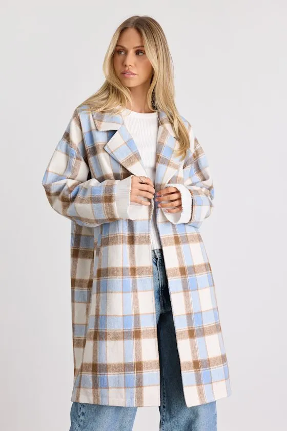 Jill Light Blue Plaid Long Coat sold by Lulus