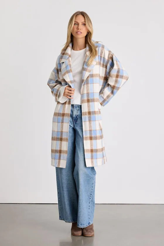 Jill Light Blue Plaid Long Coat sold by Lulus product image thumbnail 3