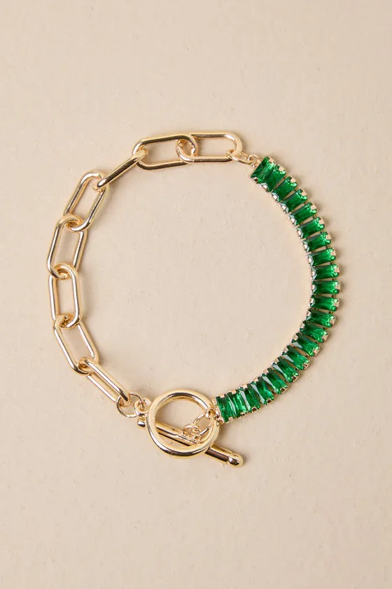Luxe Glitter Gold and Green Rhinestone Chain Bracelet sold by Lulus