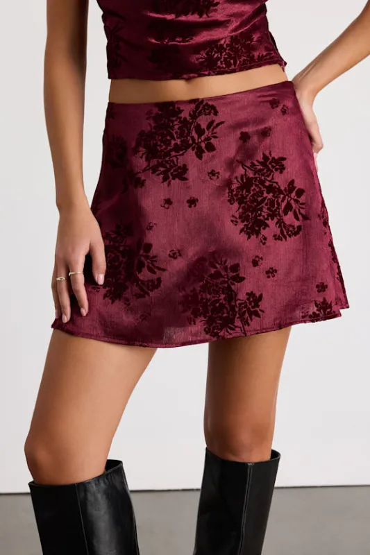 Corvina Burgundy Satin Jacquard Mini Skirt sold by Lulus