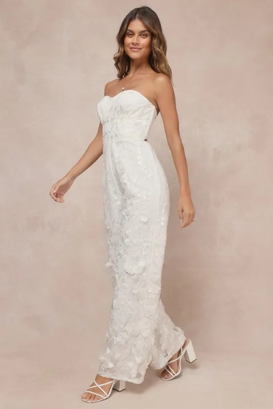 Eternal Glamour White 3D Floral Strapless Wide-Leg Jumpsuit sold by Lulus product image thumbnail 3