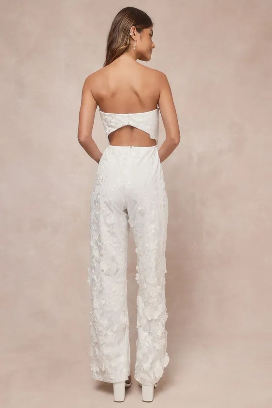 Eternal Glamour White 3D Floral Strapless Wide-Leg Jumpsuit sold by Lulus product image thumbnail 4
