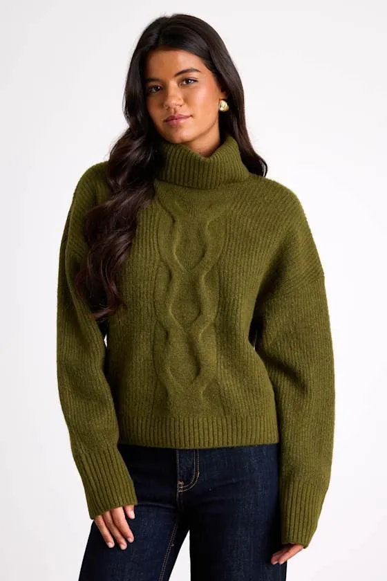 Kenina Olive Green Cable Knit Turtleneck Sweater sold by Lulus