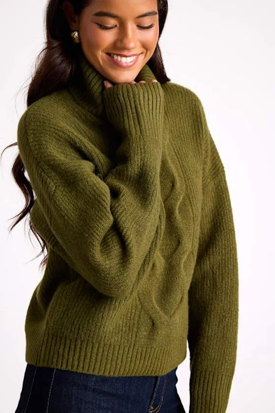Kenina Olive Green Cable Knit Turtleneck Sweater sold by Lulus product image thumbnail 2