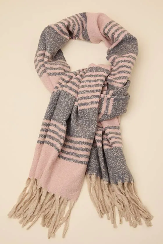 Hazey Light Pink and Grey Marled Striped Fringe Scarf sold by Lulus