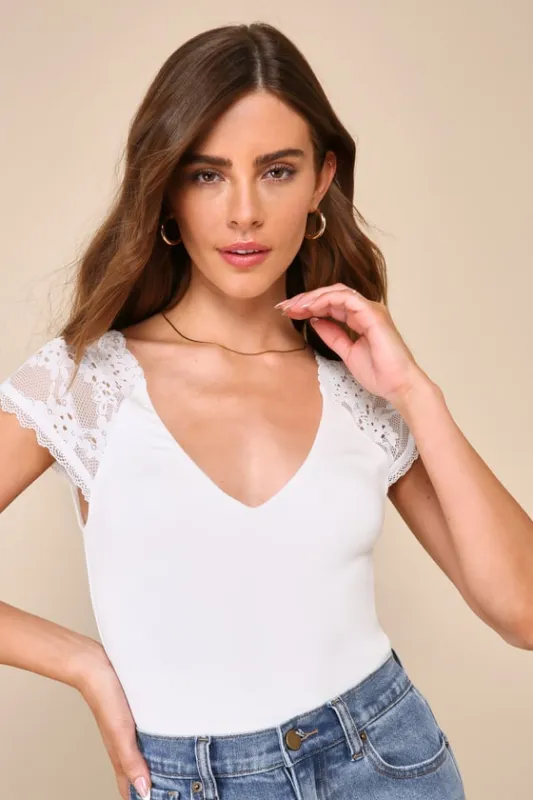 Gorgeous Inclination Ivory Lace Cap Sleeve V-Neck Bodysuit sold by Lulus