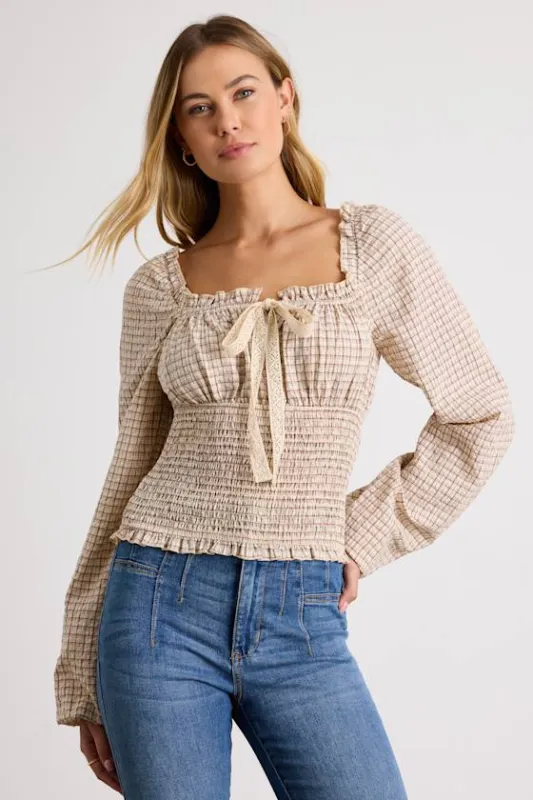 Kolyma Cream and Brown Plaid Smocked Balloon Sleeve Top sold by Lulus