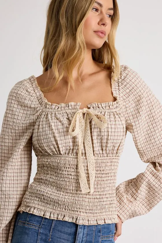 Kolyma Cream and Brown Plaid Smocked Balloon Sleeve Top sold by Lulus product image thumbnail 2