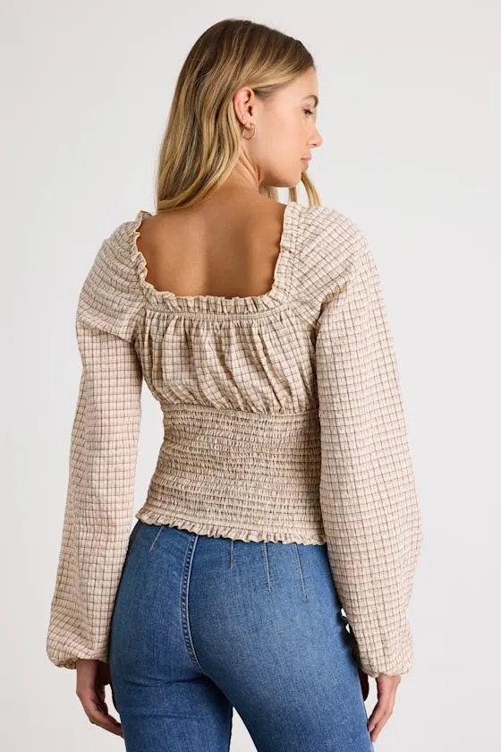 Kolyma Cream and Brown Plaid Smocked Balloon Sleeve Top sold by Lulus product image thumbnail 3