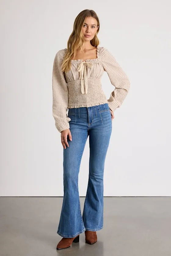 Kolyma Cream and Brown Plaid Smocked Balloon Sleeve Top sold by Lulus product image thumbnail 4