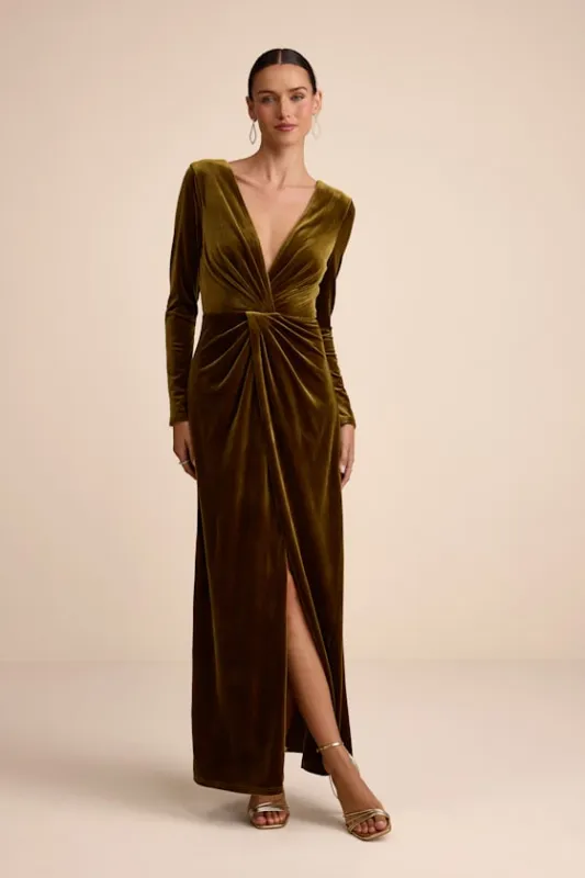 Angelina Olive Velvet Twist-Front Maxi Dress sold by Lulus